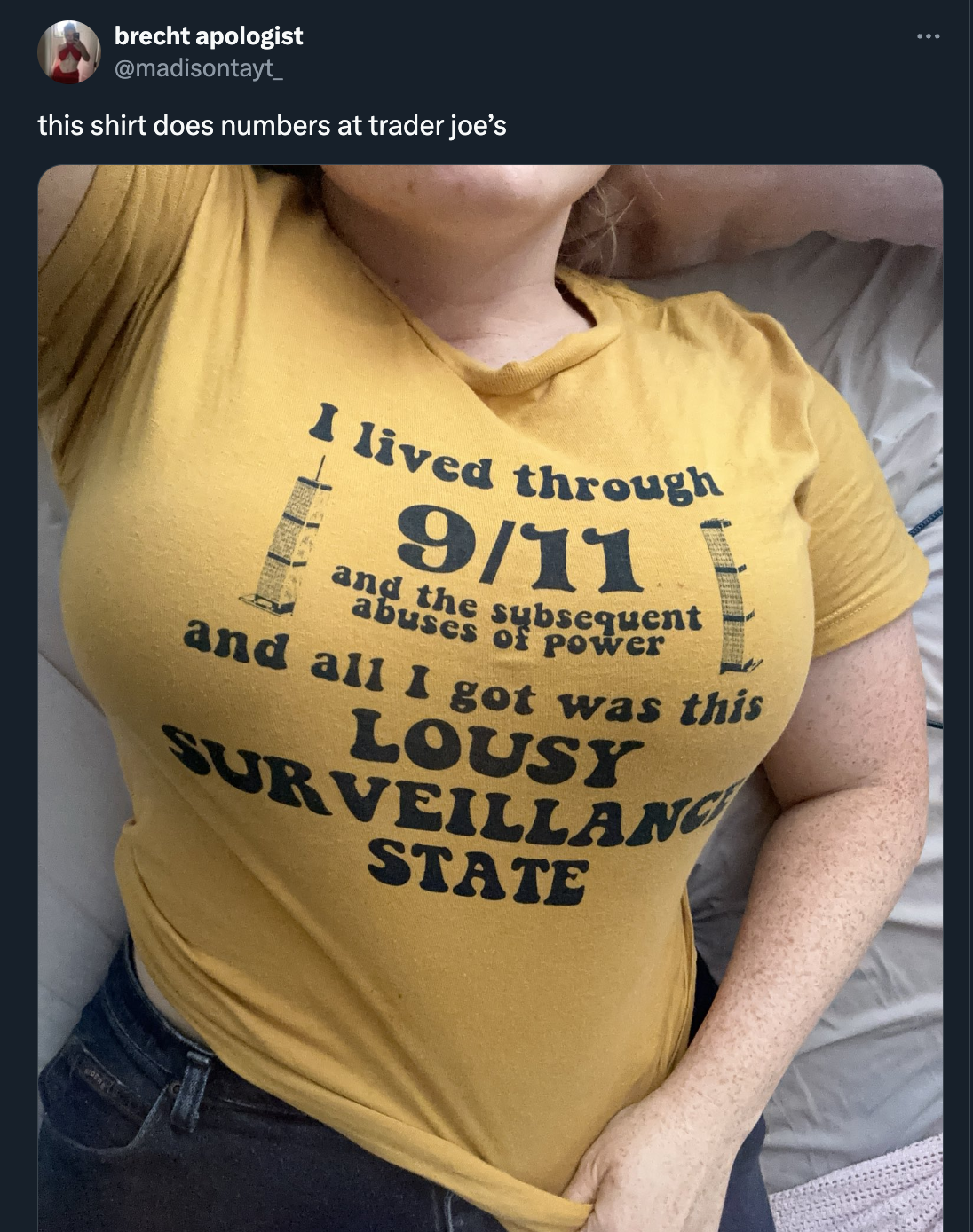 girl - brecht apologist this shirt does numbers at trader joe's I lived through 911 and the subsequent abuses Power and all I got was this Lousy Surveillanc State